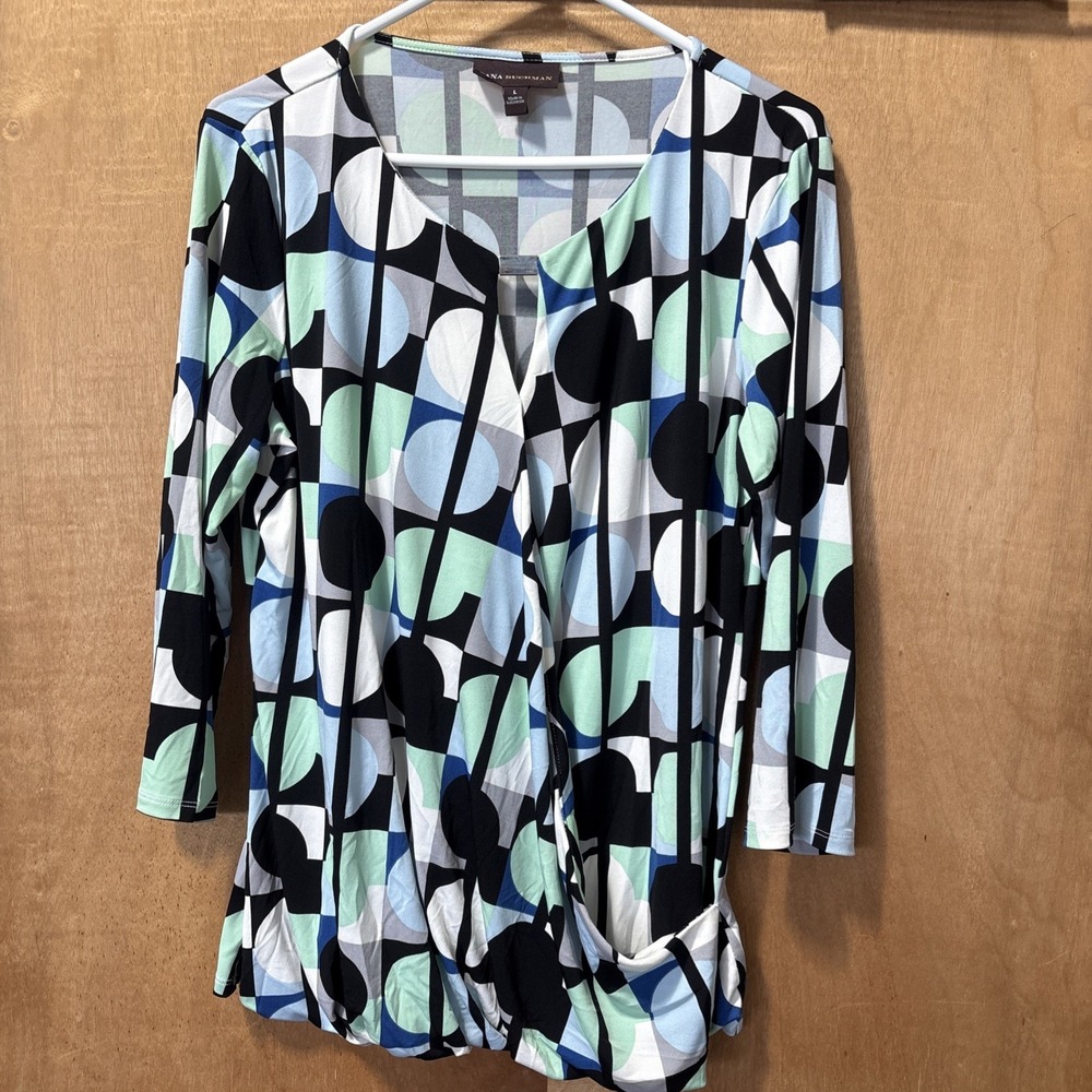 Dana Buchman Women's Top Large Keyhole Wrap Front Stretch Blouse 3/4 Sleeve
